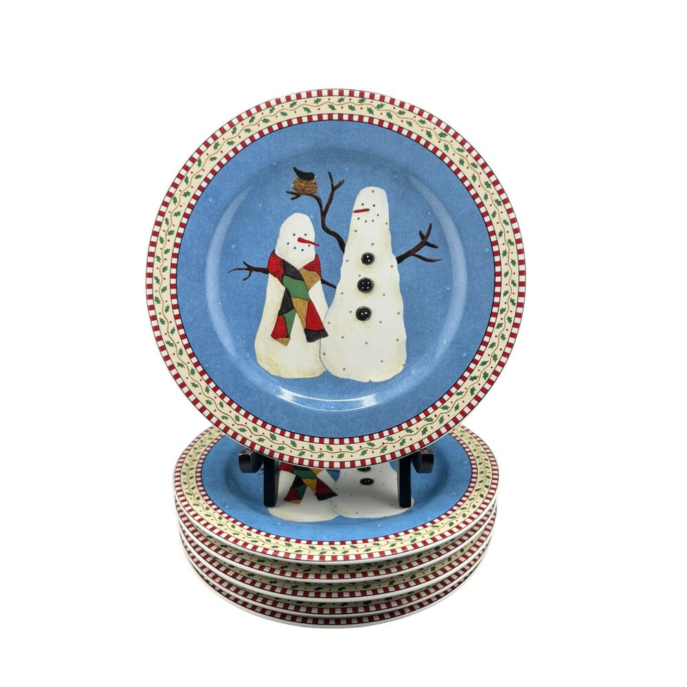 Vintage 1990s Debbie Mumm Sakura Holiday Snowman Dessert Plates Set of 6